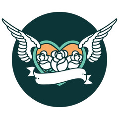 tattoo style icon of a flying heart with flowers and banner
