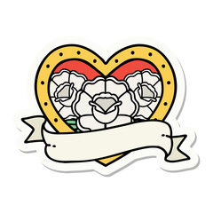 tattoo style sticker of a heart and banner with flowers