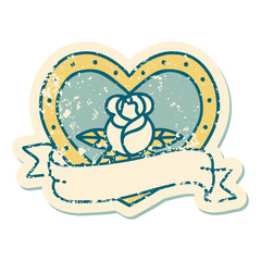 distressed sticker tattoo style icon of a heart rose and banner