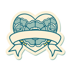 tattoo style sticker of a heart and banner with flowers