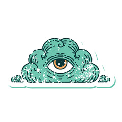 distressed sticker tattoo style icon of an all seeing eye cloud