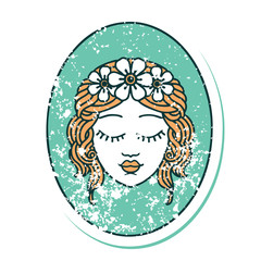 distressed sticker tattoo style icon of a maiden with eyes closed