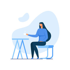 Young Nurse in Uniform Drinking Coffee Cutout Illustration. Carton Woman Character Rest Sitting with Cup of Tea in Locker Room. Flat Vector Table and Chair. Time for Relax and Work Break