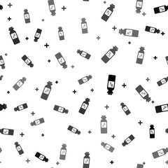 Black Pill bottle with Rx sign and pills icon isolated seamless pattern on white background. Pharmacy design. Rx as a prescription symbol on drug medicine bottle. Vector Illustration