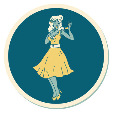 tattoo style sticker of a pinup surprised girl
