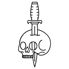 black line tattoo of a skull and dagger