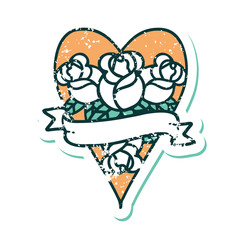 distressed sticker tattoo style icon of a heart and banner with flowers