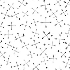 Black Crossed Cupid arrow heart, Valentines Day cards element icon isolated seamless pattern on white background. Vector Illustration