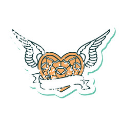 distressed sticker tattoo style icon of a flying heart with flowers and banner