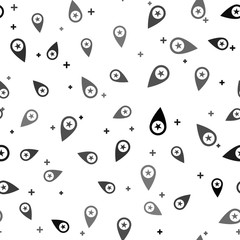 Black Map pointer with star icon isolated seamless pattern on white background. Star favorite pin map icon. Map markers. Vector Illustration