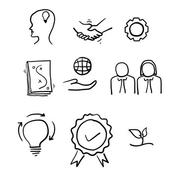 hand drawn Core Values symbol collection. Mission, integrity value icon set with vision, honesty, passion, and collaboration as the goal or focus.doodle style