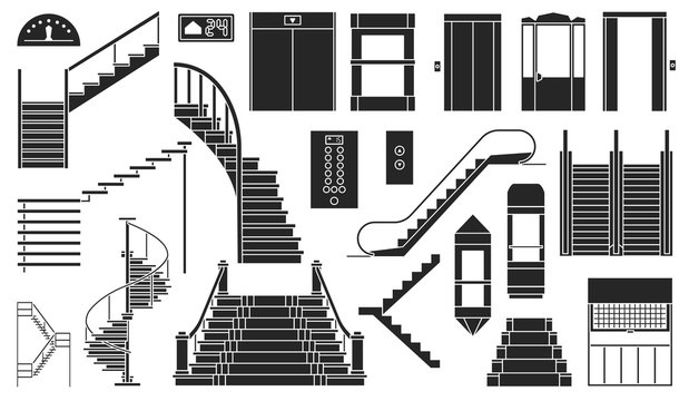 Staircase and lift vector black set icon.Vector illustration stair and escalator.Isolated black icon wooden of metal staircase on white background.