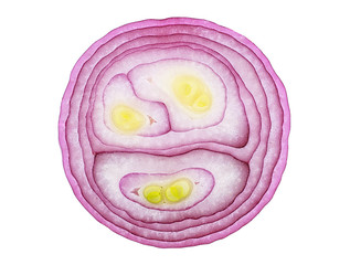 Purple onion slice on a white background, top view.