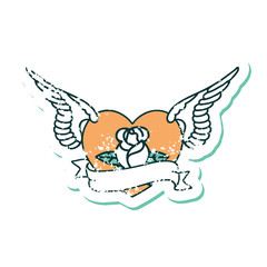 distressed sticker tattoo style icon of a flying heart with flowers and banner