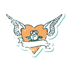 distressed sticker tattoo style icon of a heart with wings a rose and banner