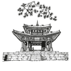 Korean traditional building. Hand drawn illustration isolated on white background.  Vector sketch drawn with pen and black ink. Monochrome outline.