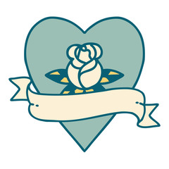 tattoo style icon of a heart rose and banner