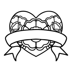 black line tattoo of a heart and banner with flowers