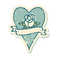distressed sticker tattoo style icon of a heart rose and banner