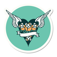 tattoo style sticker of a flying heart with flowers and banner