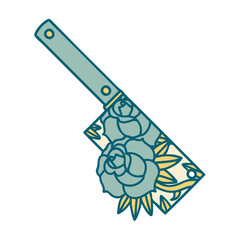 tattoo style icon of a cleaver and flowers