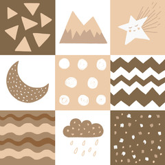 Naadloze geometrische patroon in Scandinavische stijl met ster, berg, wolk, strepen, stippen, maan. handgetekende vormen. Kinderachtige textuur. Geweldig voor stof, textiel