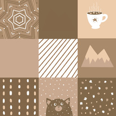 Seamless geometrical pattern in scandinavian style with cup, moutain, cat, snow, stripes, dots, moon. hand drawn shapes. Childish texture. Great for fabric, textile 