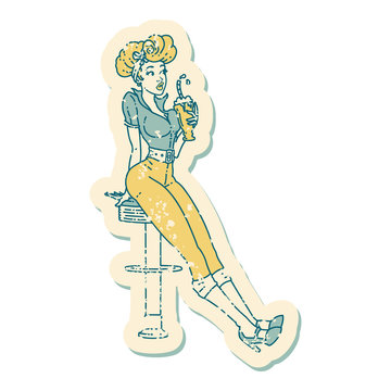distressed sticker tattoo style icon of a pinup girl drinking a milkshake