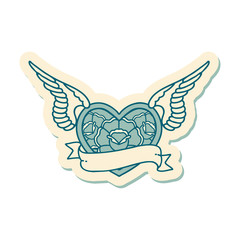 tattoo style sticker of a flying heart with flowers and banner