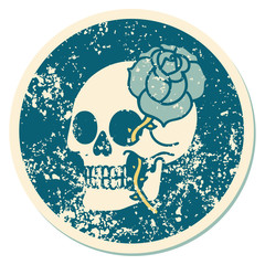 distressed sticker tattoo style icon of a skull and rose