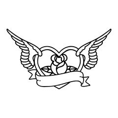 black line tattoo of a flying heart with flowers and banner