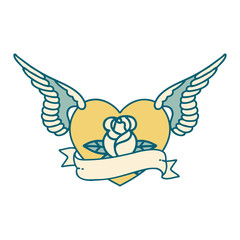 tattoo style icon of a flying heart with flowers and banner