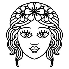 black line tattoo of female face with crown of flowers