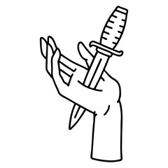 black line tattoo of a dagger in the hand