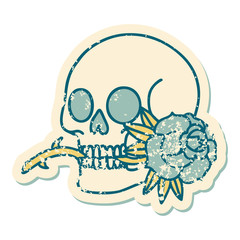 distressed sticker tattoo style icon of a skull and rose