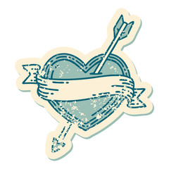 distressed sticker tattoo style icon of an arrow heart and banner
