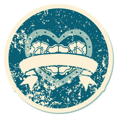 distressed sticker tattoo style icon of a heart and banner with flowers