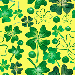 Seamless pattern with clover (trifolium) watercolor hand drawn leaves on green background. Decoration for print