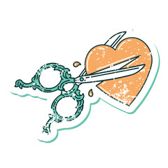 distressed sticker tattoo style icon of scissors cutting a heart