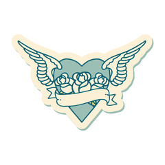 tattoo style sticker of a heart with wings flowers and banner