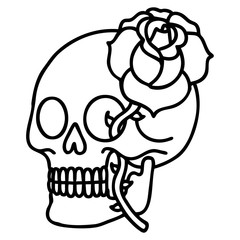 black line tattoo of a skull and rose