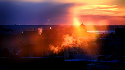 cityscape of sunset sky background, top view