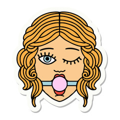 tattoo style sticker of winking female face with ball gag