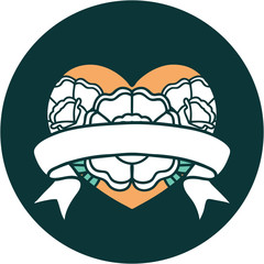tattoo style icon of a heart and banner with flowers