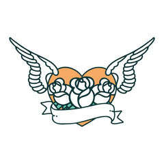 tattoo style icon of a flying heart with flowers and banner