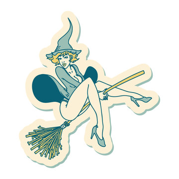 Tattoo Style Sticker Of A Pinup Witch