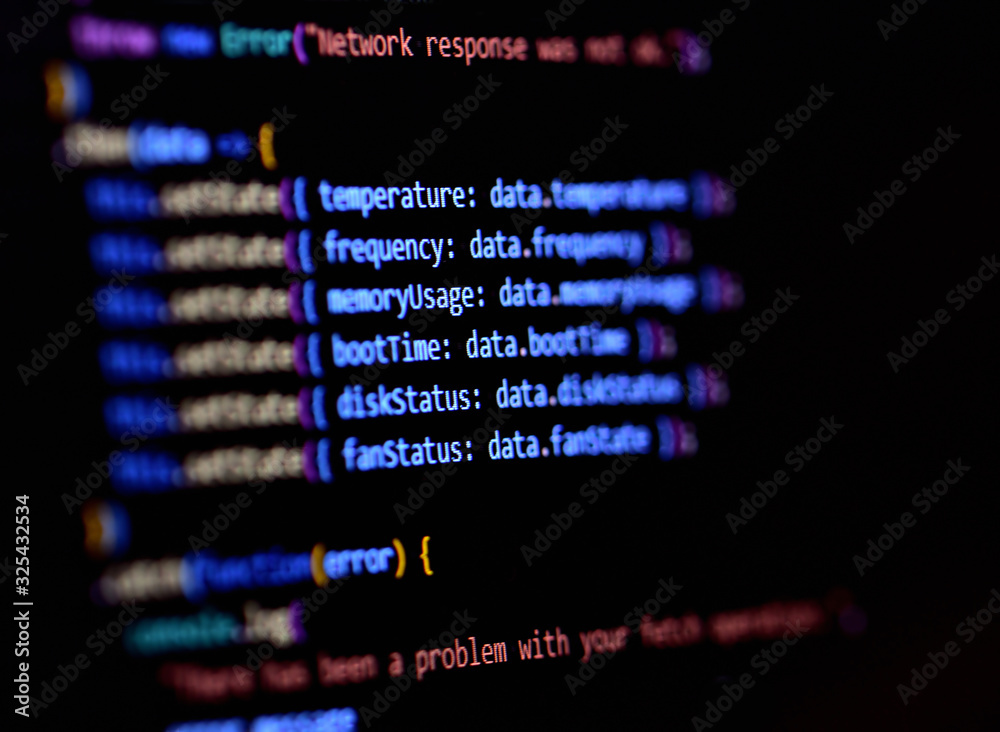 Fototapete software programming source code on computer screen.. modern javascript, typescript, ecma script cod