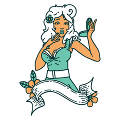 tattoo style icon  of a pinup surprised girl with banner