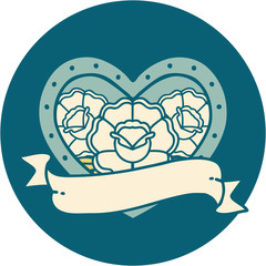 tattoo style icon of a heart and banner with flowers