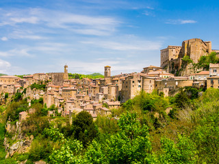 Panoramic view of Sorano, tuff mediaeval village in Tuscany, Italy